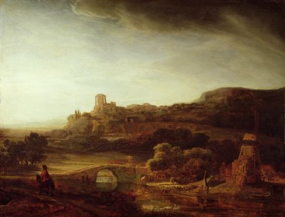 Paisaje con río y molino de viento de Rembrandt van Rijn